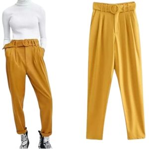 Zara Women's Mustard High-Waisted Tapered Belted‎ Pleated Pants Plus Size XXL